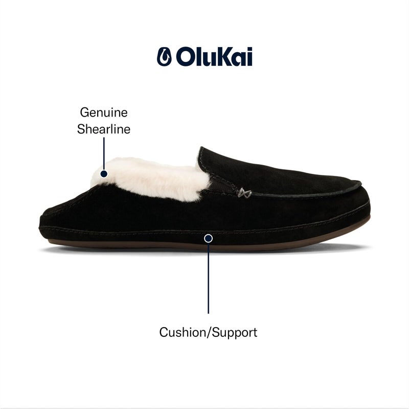 OLUKAI Ku'una Women's Slipper, Leather Slip-On Shoes, Genuine Shearling & Premium Leather, Lightweight & Durable for All-Day Comfort, Black/Black, 6 - Image 2